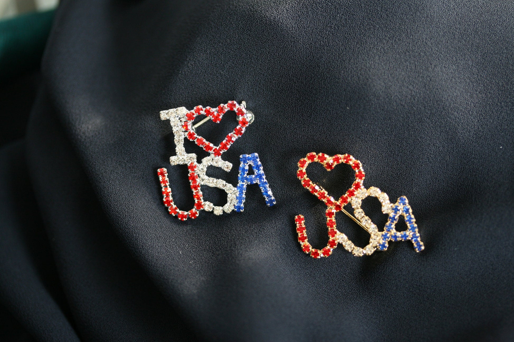 I love (Red Heart) the USA Red White and Blue Patriotic Rhinestone Pin Brooch Broach