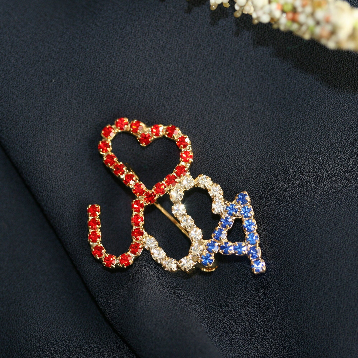 I love (Red Heart) the USA Red White and Blue Patriotic Rhinestone Pin Brooch Broach