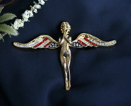 Vintage Flying Angel with Crystal USA Flag Wings Brooch Gold Tone