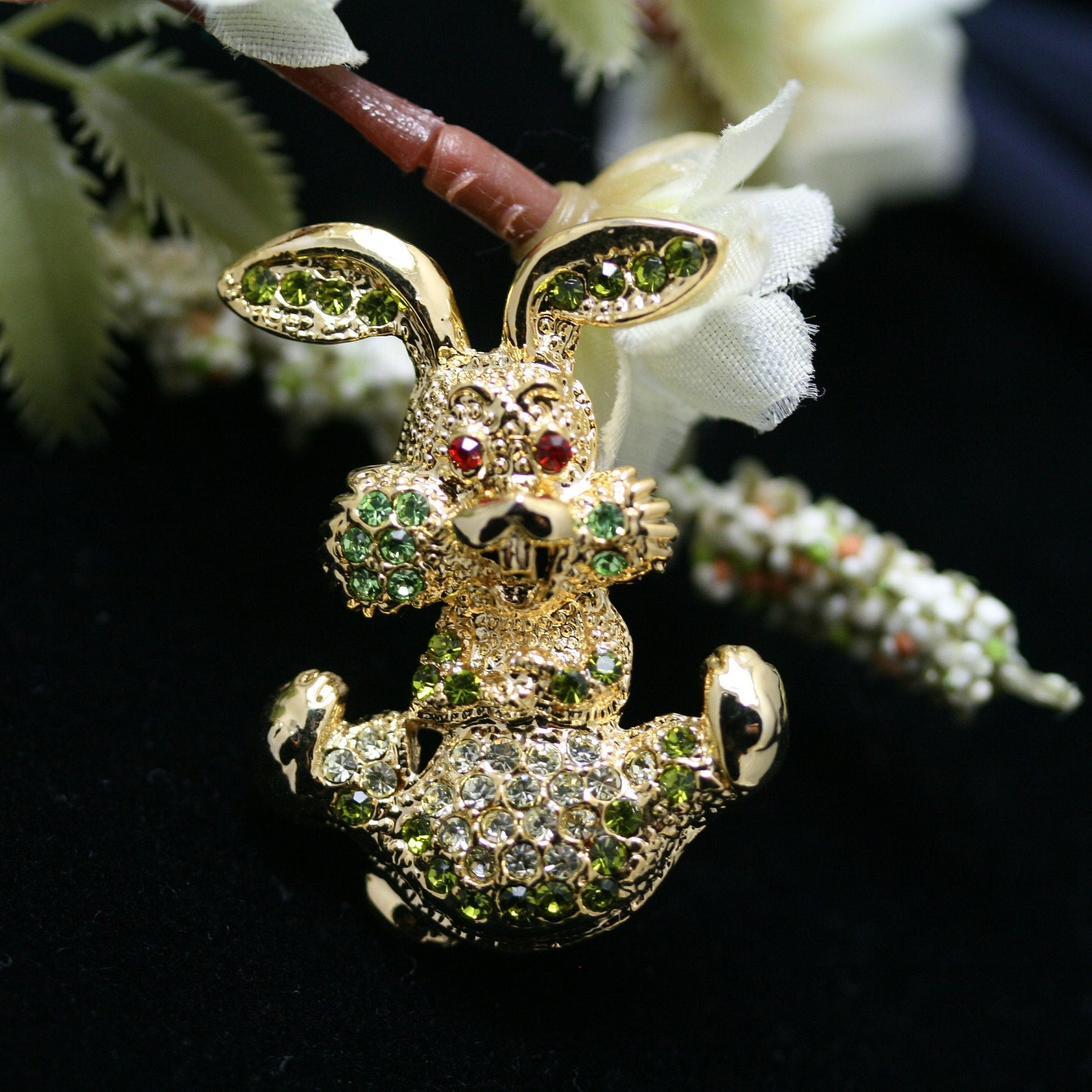 Easter Bunny Pin, Vintage Rhinestone Rabbit Brooch, Rainbow of Sparkling Colors, Gold Tone Figural Easter Jewelry