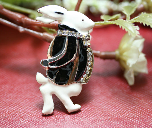 Rhinestone Easter Bunny Rabbit Brooch, Black & White Enamel Rabbit Lapel Pin Brooch
