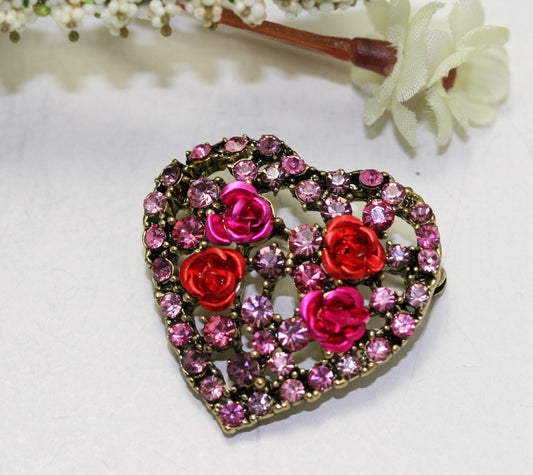Rhinestone Valentine's Day Heart With Roses Pin Brooch, Valentine's Da Jewelry Gift For Her