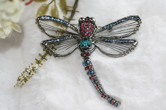 Vintage Dragonfly Rhinestone Head Wire Wings Articulated Tail Brooch Pin Dragonfly Statement Brooch