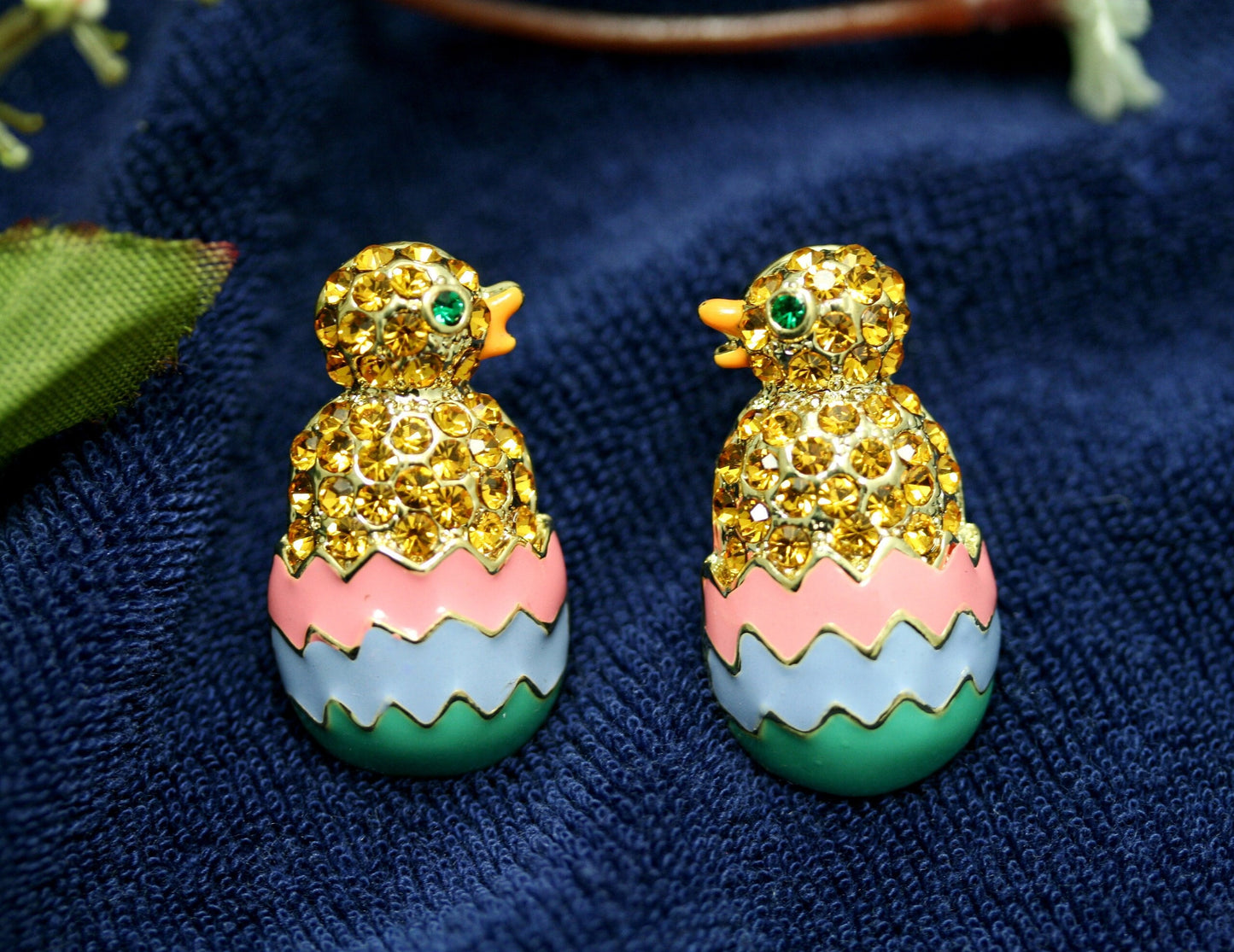 Easter Baby Chick in Egg Rhinestone & Enamel Brooch Pin and Stud Earrings Set Easter Chick Jewelry Set
