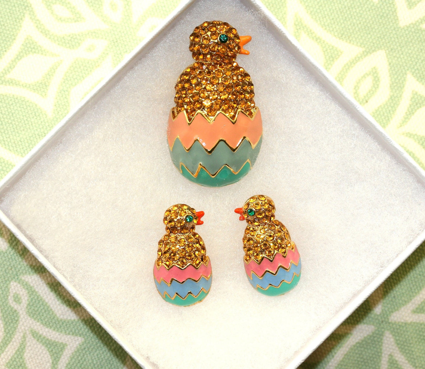 Easter Baby Chick in Egg Rhinestone & Enamel Brooch Pin and Stud Earrings Set Easter Chick Jewelry Set