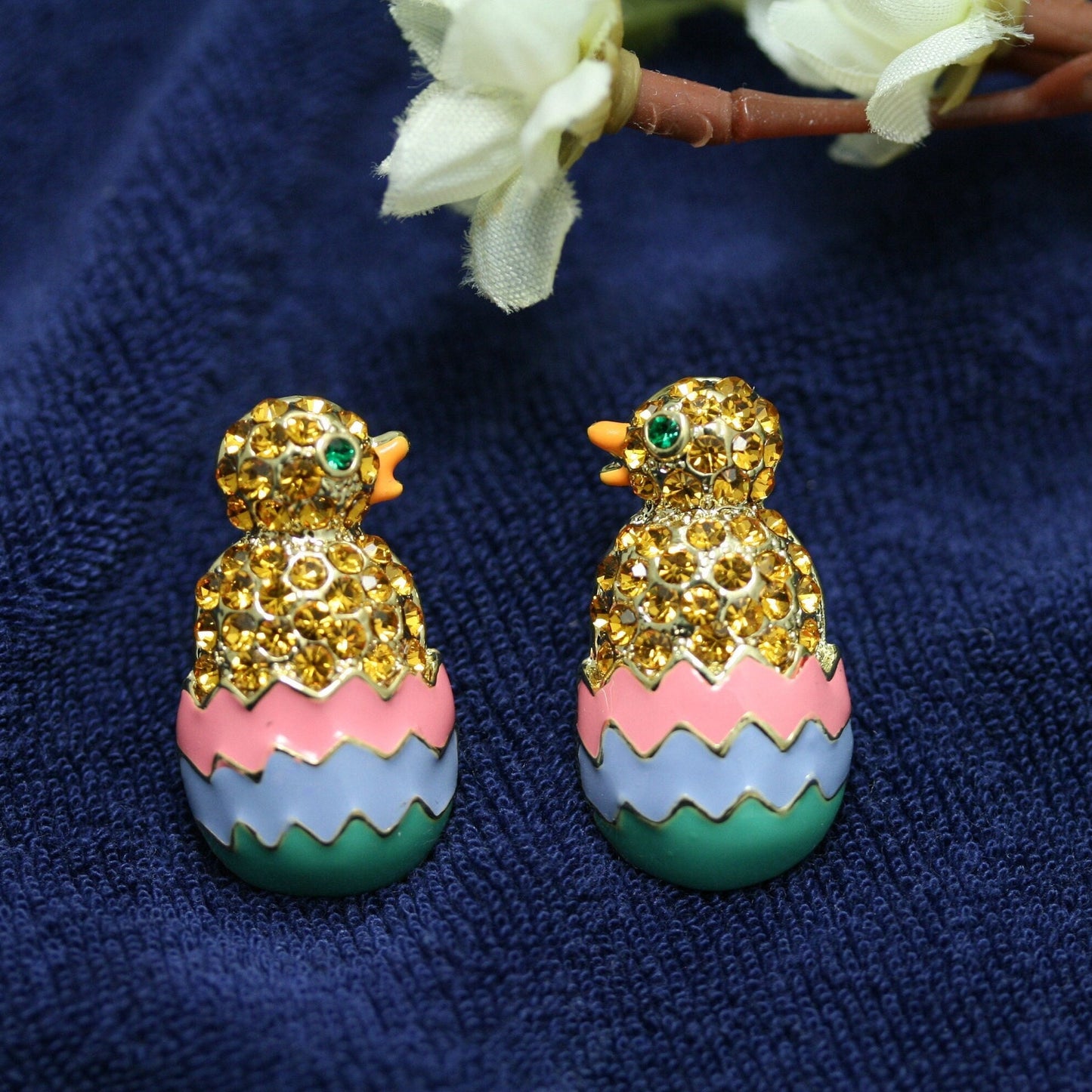 Easter Baby Chick in Egg Rhinestone & Enamel Brooch Pin and Stud Earrings Set Easter Chick Jewelry Set