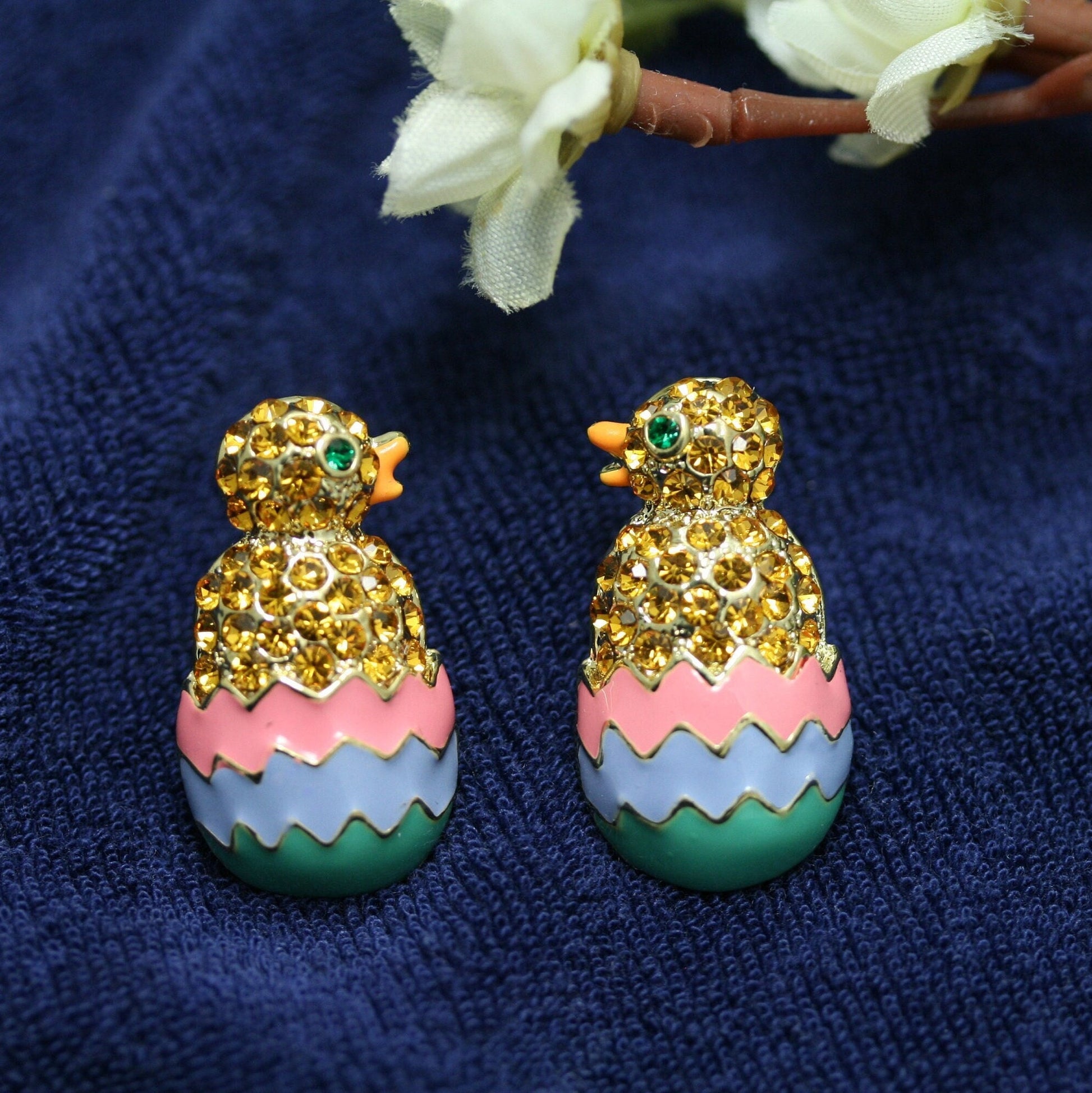 Easter Baby Chick in Egg Rhinestone & Enamel Brooch Pin and Stud Earrings Set Easter Chick Jewelry Set