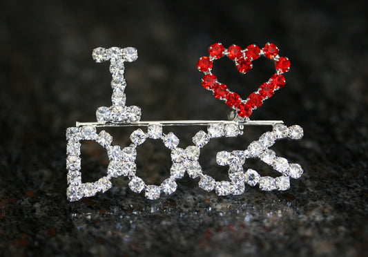 I Love Dogs Red Crystal Heart Brooch Silver Tone Rhinestone Puppy Dog Pin