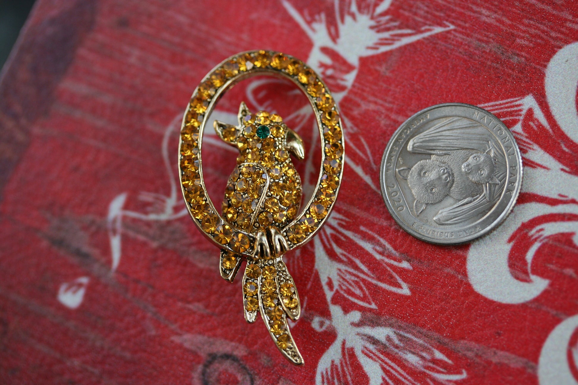 Vintage Rhinestone Parrot Brooch Pin, Gold-Tone Parrot Brooch