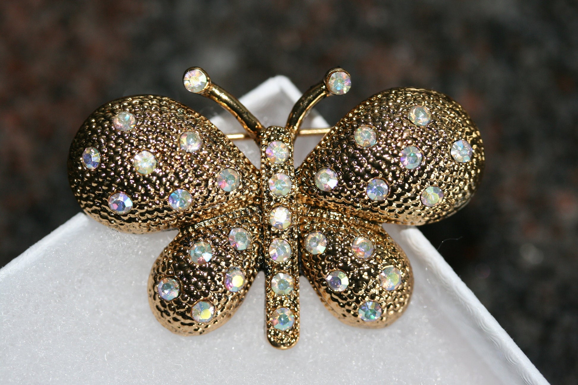 Vintage rhinestone butterfly brooch pin, Gold-tone Butterfly Lapel Brooch