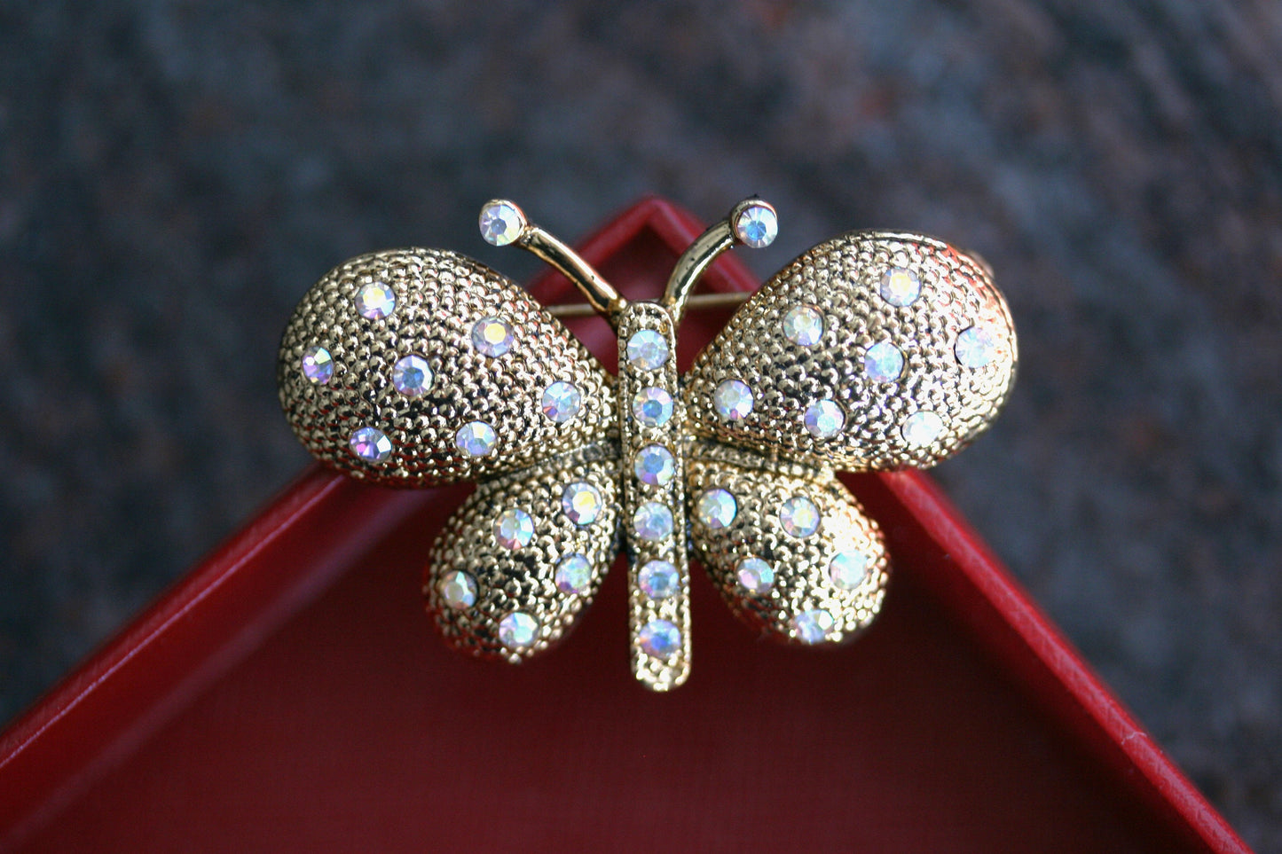 Vintage rhinestone butterfly brooch pin, Gold-tone Butterfly Lapel Brooch