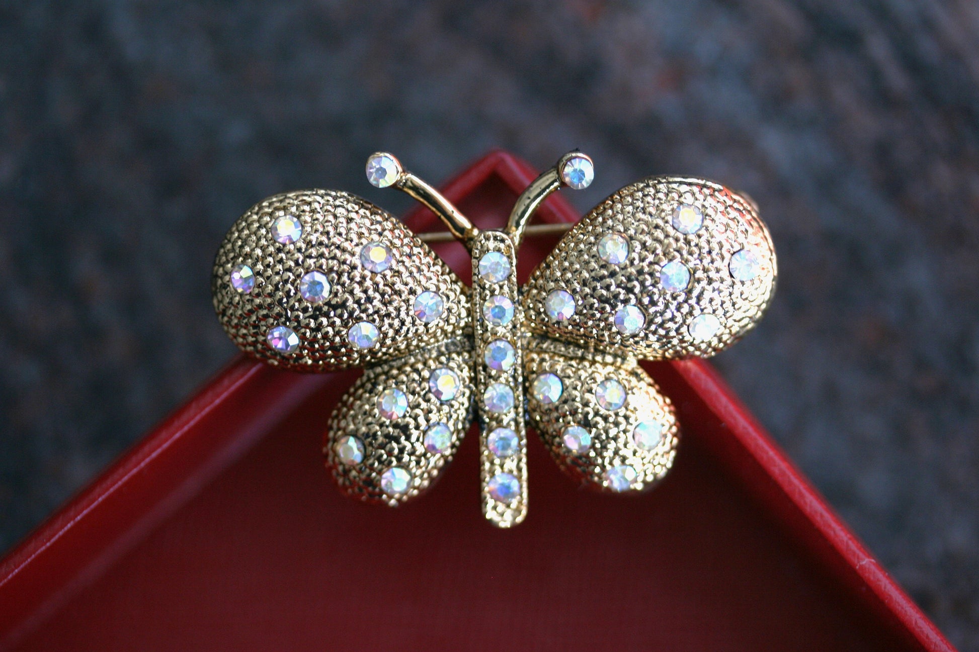 Vintage rhinestone butterfly brooch pin, Gold-tone Butterfly Lapel Brooch