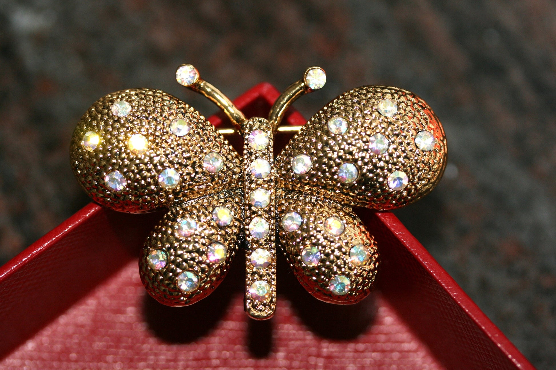 Vintage rhinestone butterfly brooch pin, Gold-tone Butterfly Lapel Brooch