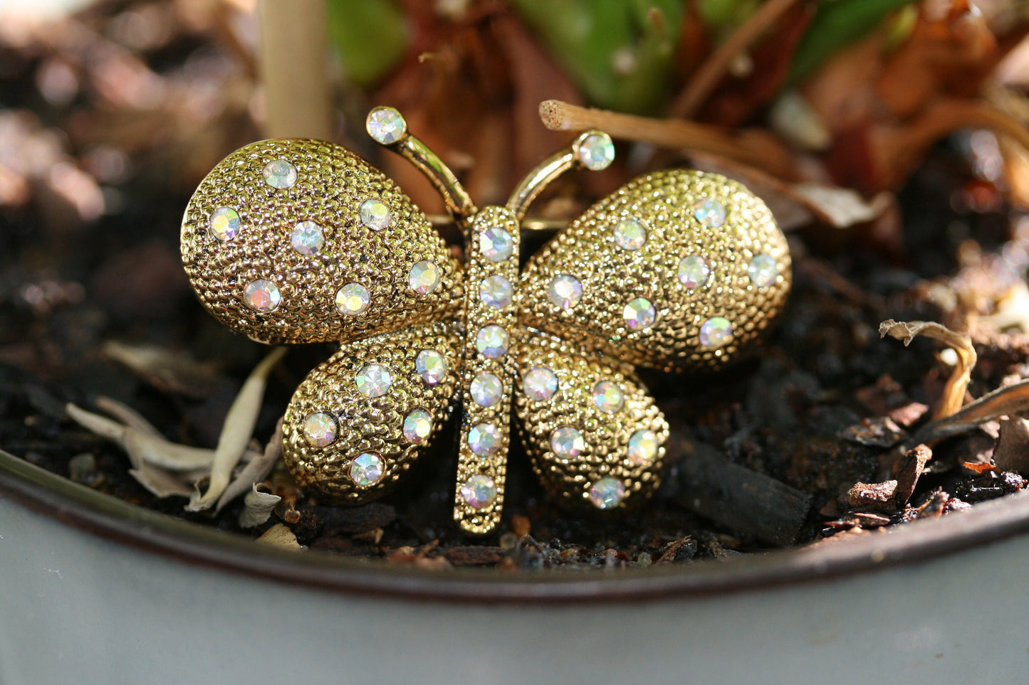 Vintage rhinestone butterfly brooch pin, Gold-tone Butterfly Lapel Brooch