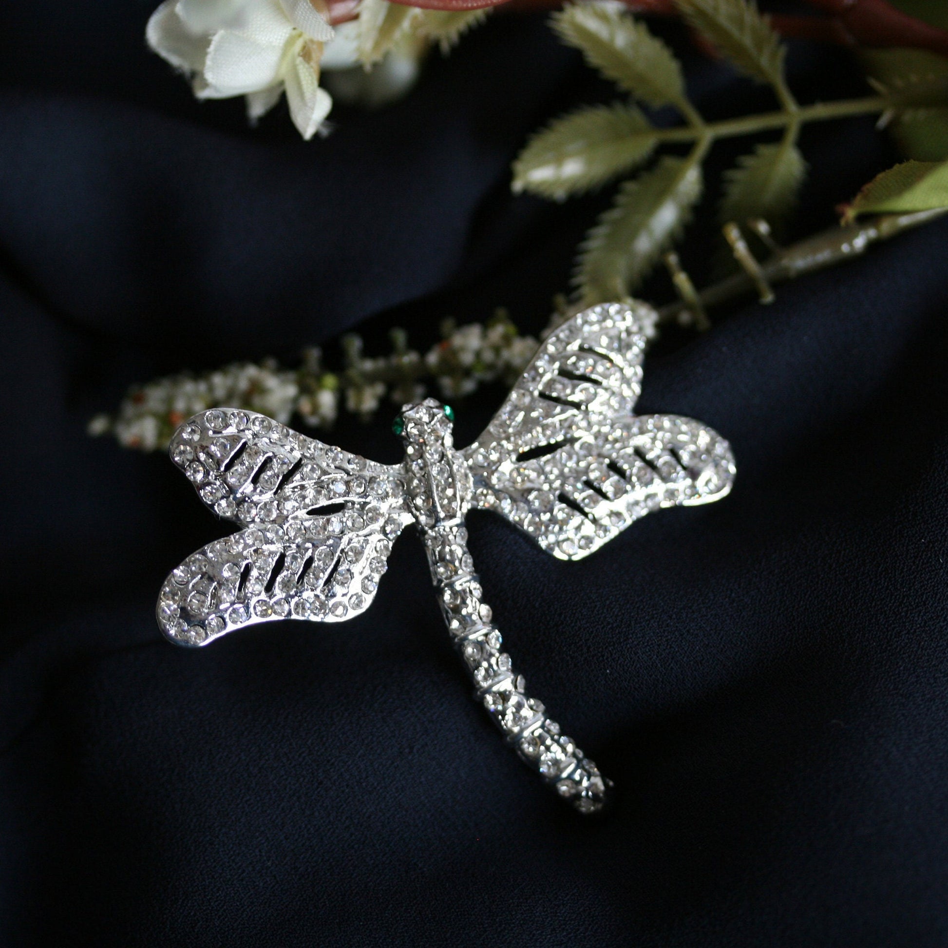 Vintage Rhinestone Clear Crystal Silver Tone Dragonfly Brooch/ Pin Antique Dragonfly Brooch