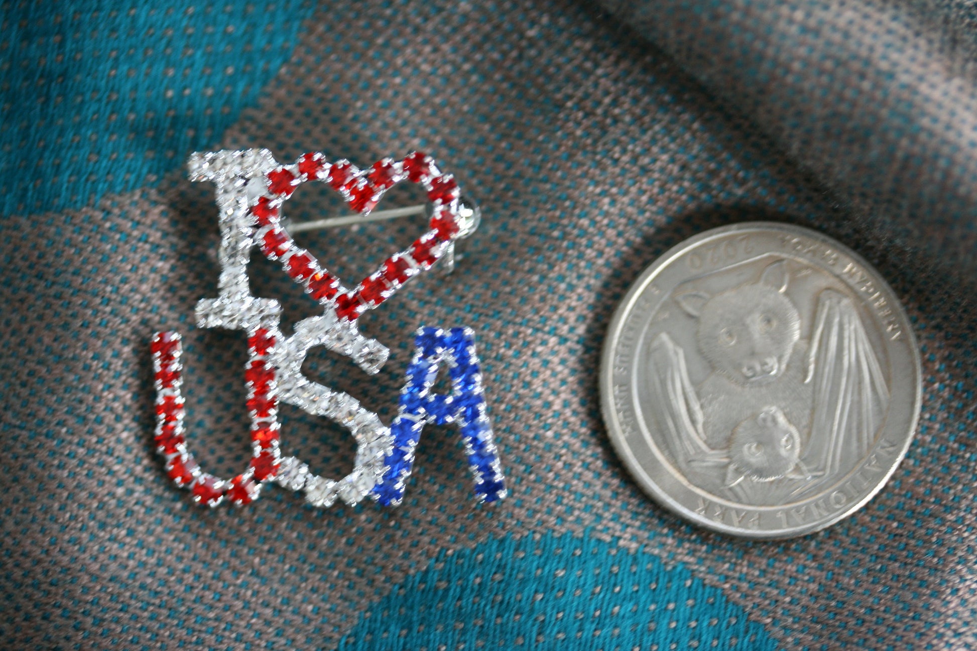 I love (Red Heart) the USA Red White and Blue Patriotic Rhinestone Pin Brooch Broach