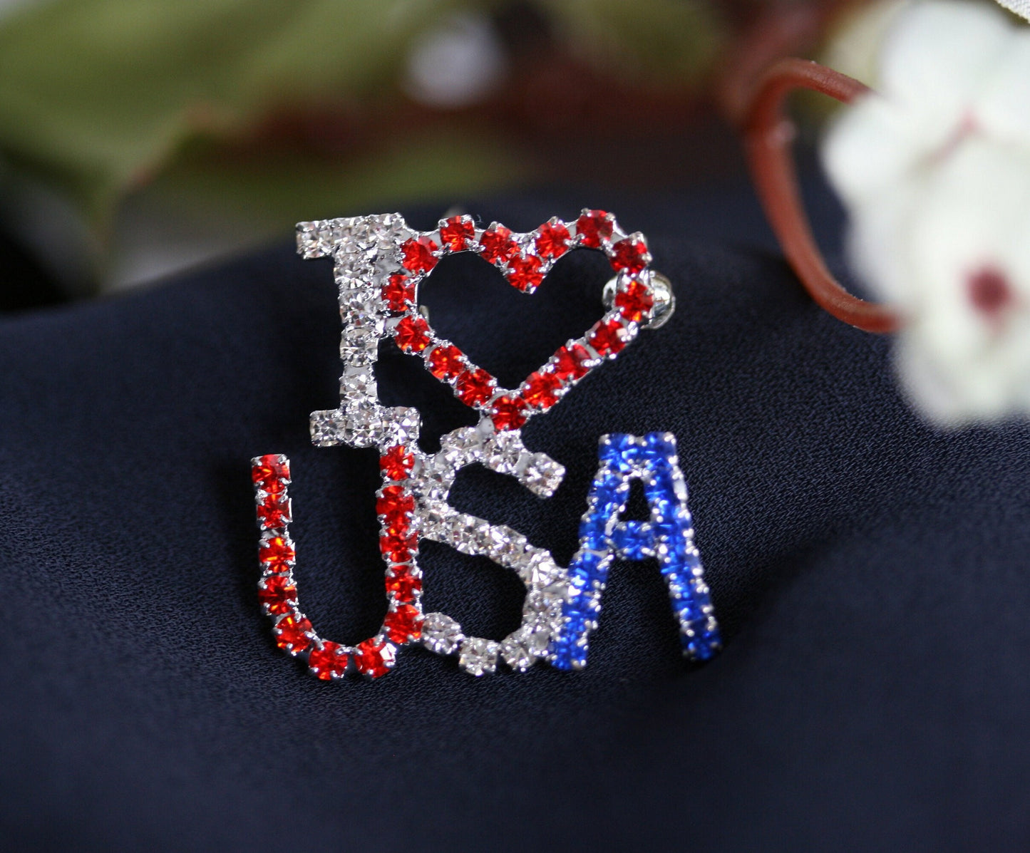 I love (Red Heart) the USA Red White and Blue Patriotic Rhinestone Pin Brooch Broach
