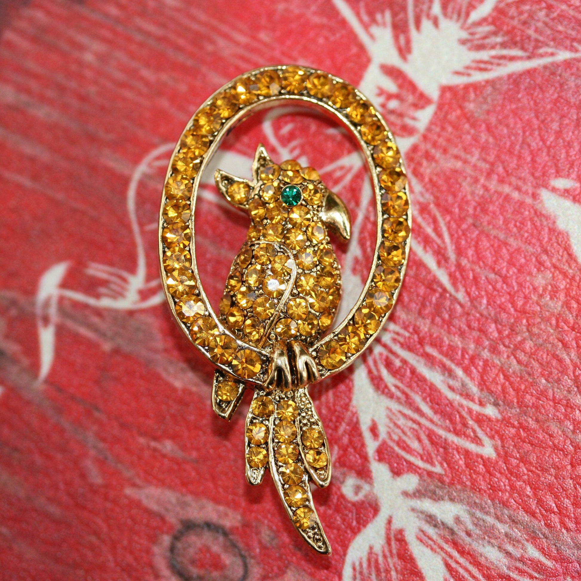 Vintage Rhinestone Parrot Brooch Pin, Gold-Tone Parrot Brooch