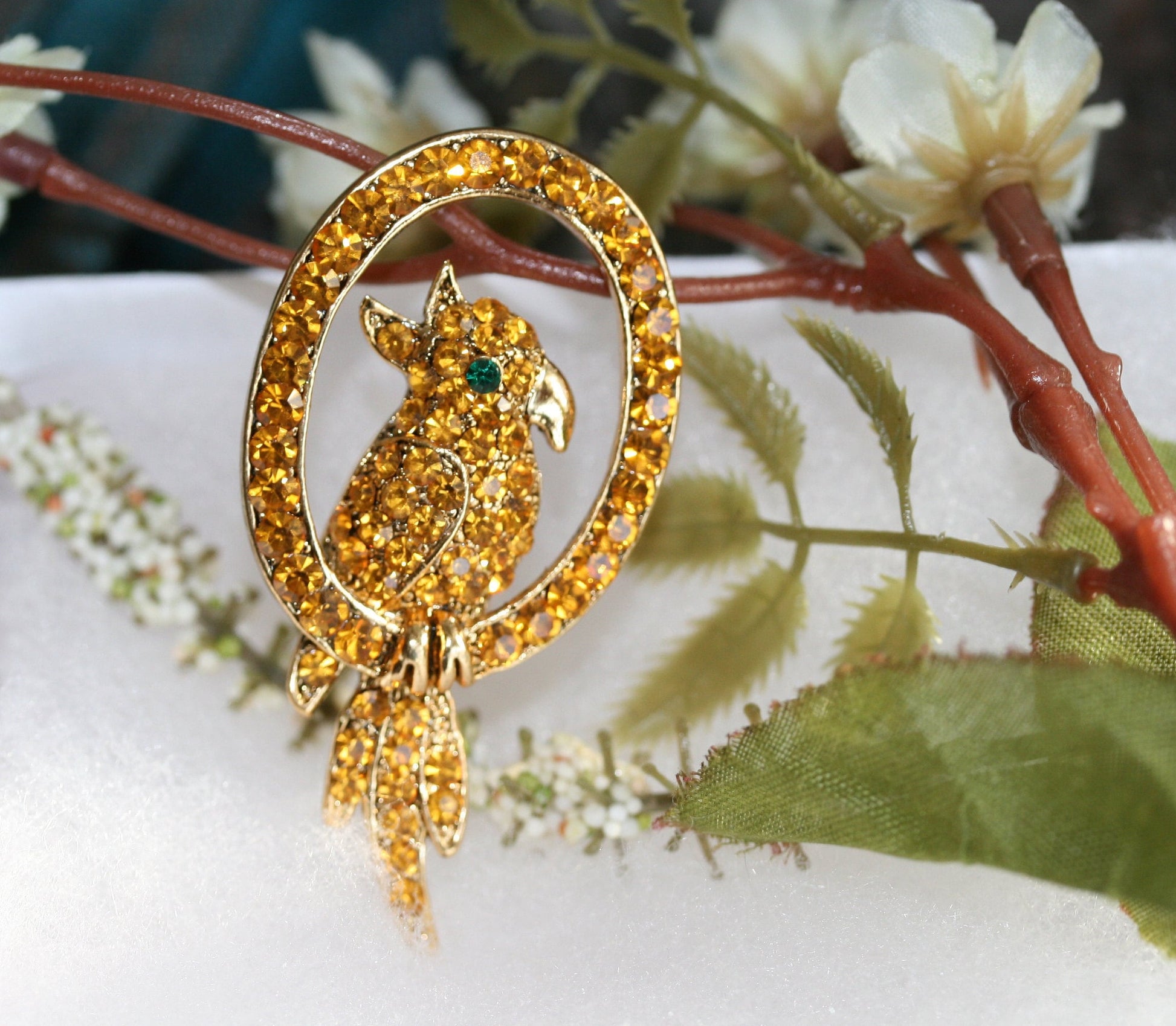 Vintage Rhinestone Parrot Brooch Pin, Gold-Tone Parrot Brooch