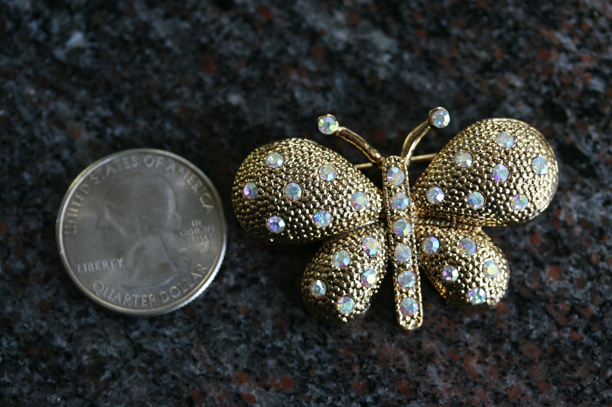 Vintage rhinestone butterfly brooch pin, Gold-tone Butterfly Lapel Brooch