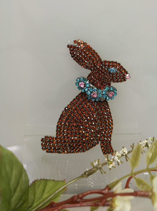 Rhinestone Crystal Large Easter Bunny Rabbit Pin Brooch, Chocolate Color Easter Bunny Pin