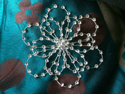 Large Rhinestone Flower Brooch-Pin Silver-Tone, Wedding Flower Pin
