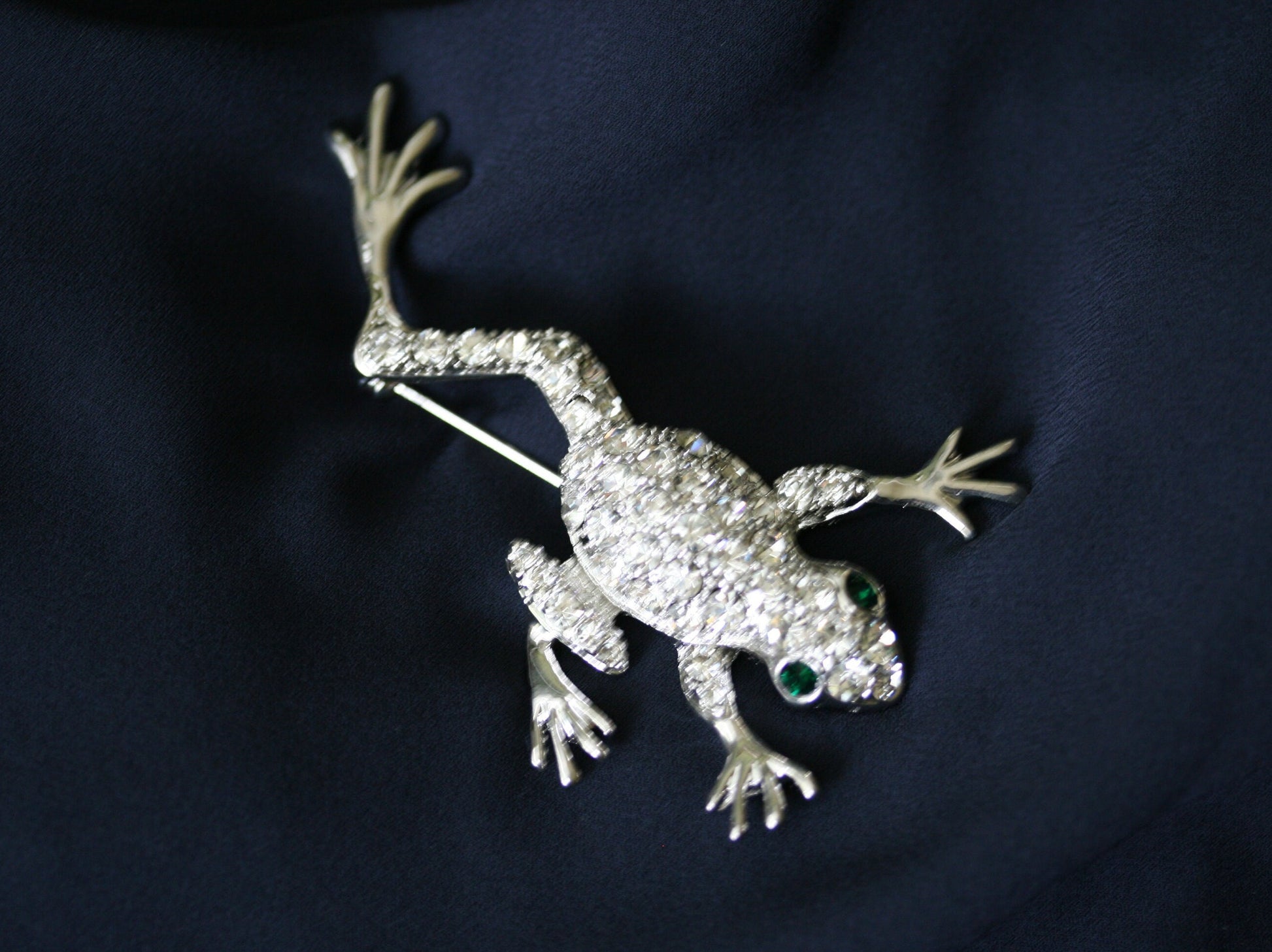 Silver Chunky Rhinestone Frog Brooch Silvery Tone Clear Crystal Colored Rhinestones Frog Toad Brooch Pin