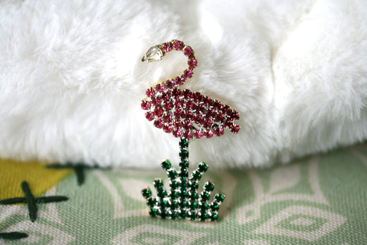 Vintage Rhinestone Flamingos Topical Pink Green Brooch Pin, Flamingo Earrings, Pink Flamingo Brooch