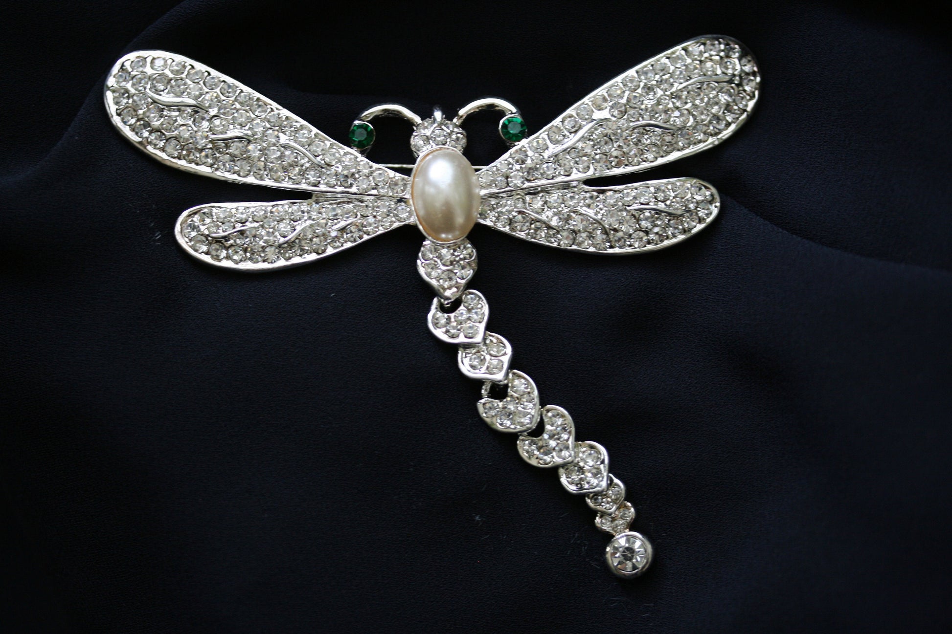 Large Vintage Rhinestone Dragonfly Brooch with Articulated Tail Crystal Dragonfly pin