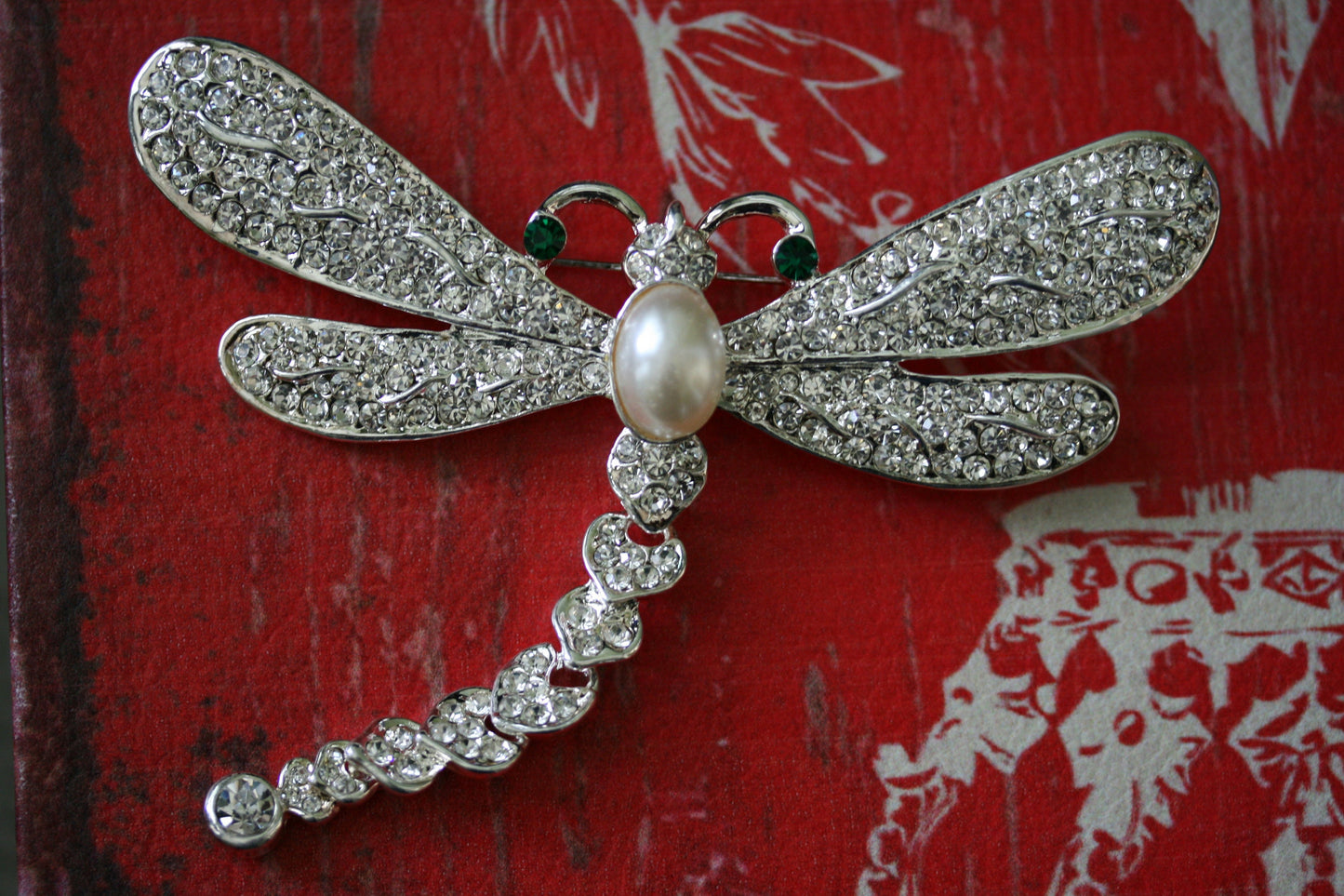 Large Vintage Rhinestone Dragonfly Brooch with Articulated Tail Crystal Dragonfly pin
