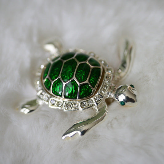 Turtle Pin Brooch, Dark Green Enamel Color Turtle Pin, Rhinestone Elegant Tortoise