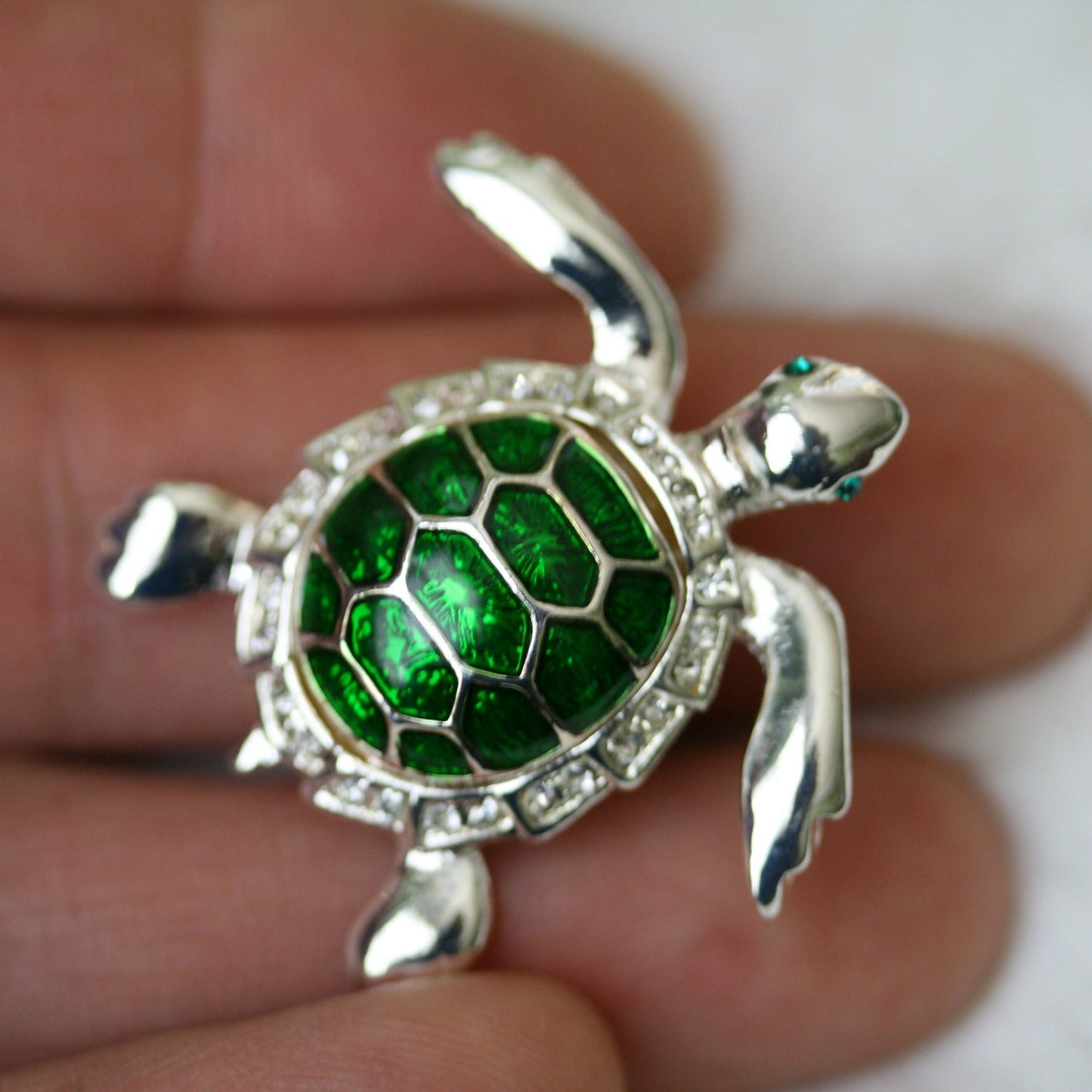 Turtle Pin Brooch, Dark Green Enamel Color Turtle Pin, Rhinestone Elegant Tortoise
