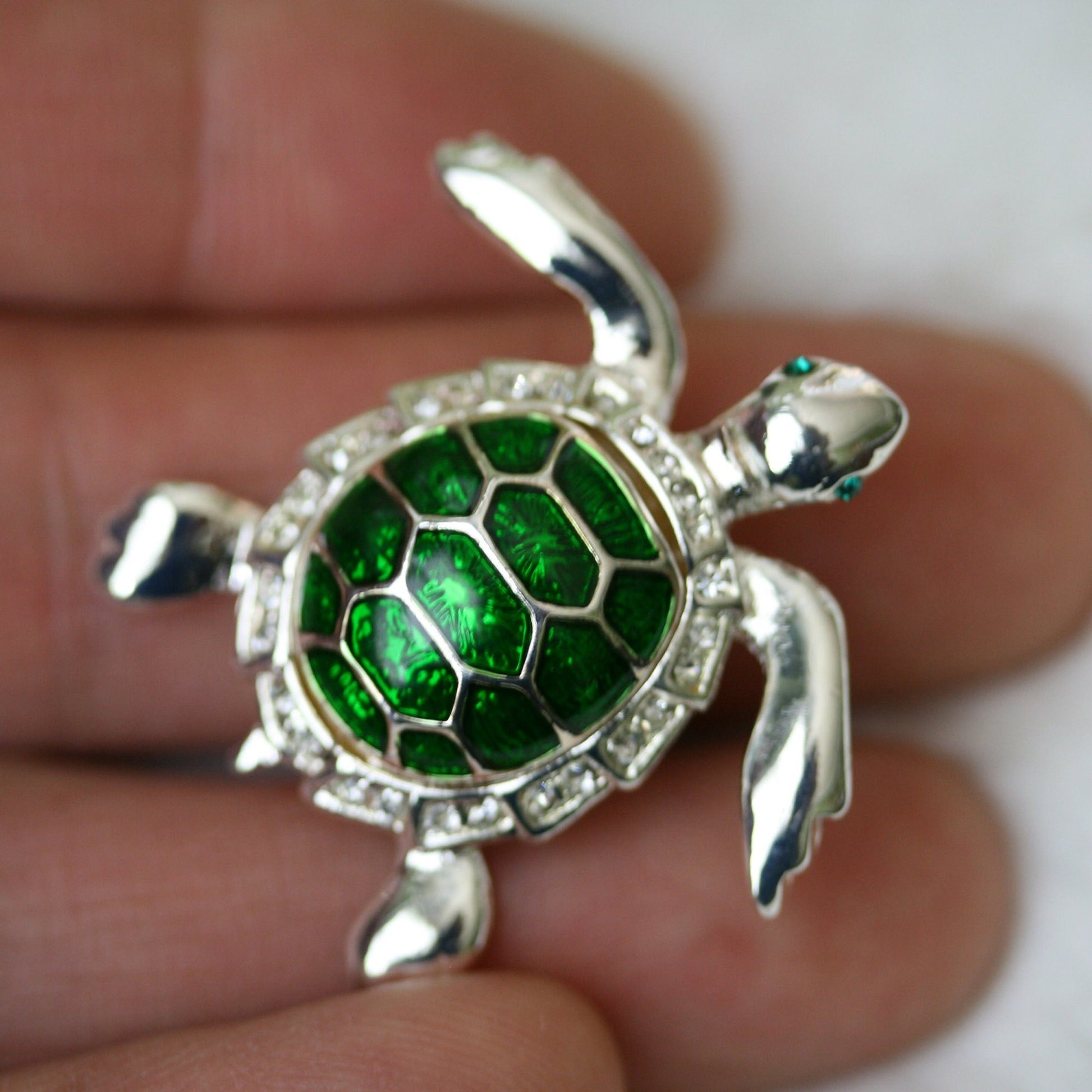 Turtle Pin Brooch, Dark Green Enamel Color Turtle Pin, Rhinestone Elegant Tortoise