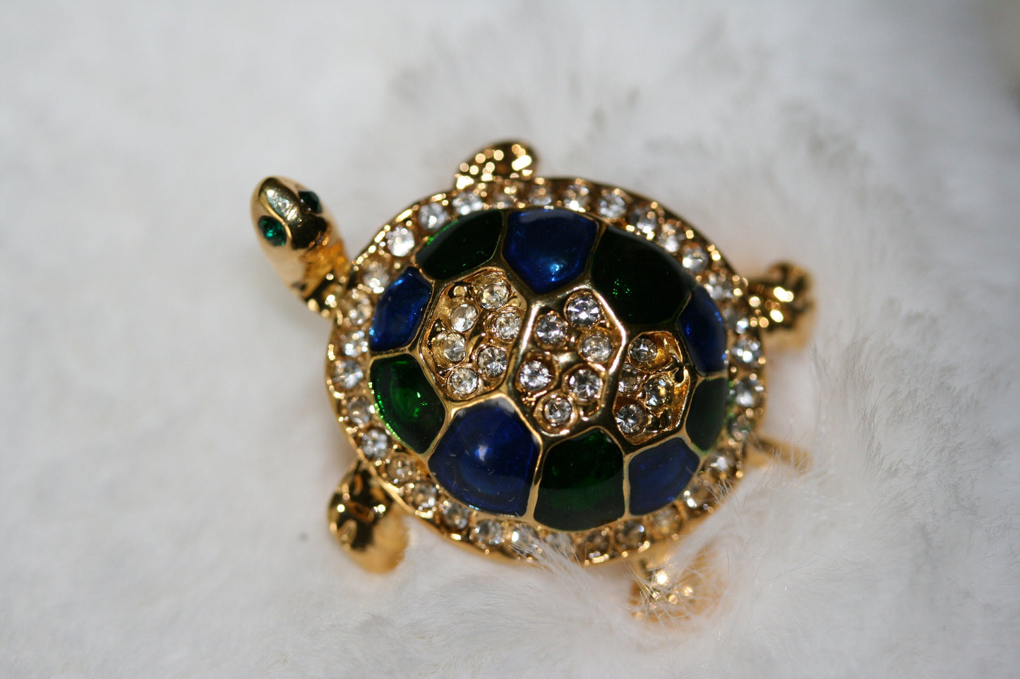 Vintage Turtle Brooch Gold Tone, Blue/Green Enameled Shell with Crystal Clear Rhinestones, Turtle Pin