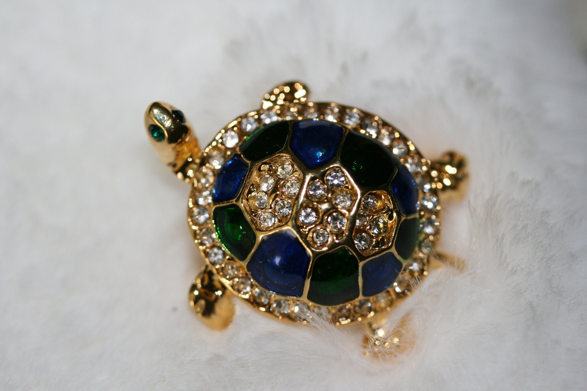 Vintage Turtle Brooch Gold Tone, Blue/Green Enameled Shell with Crystal Clear Rhinestones, Turtle Pin