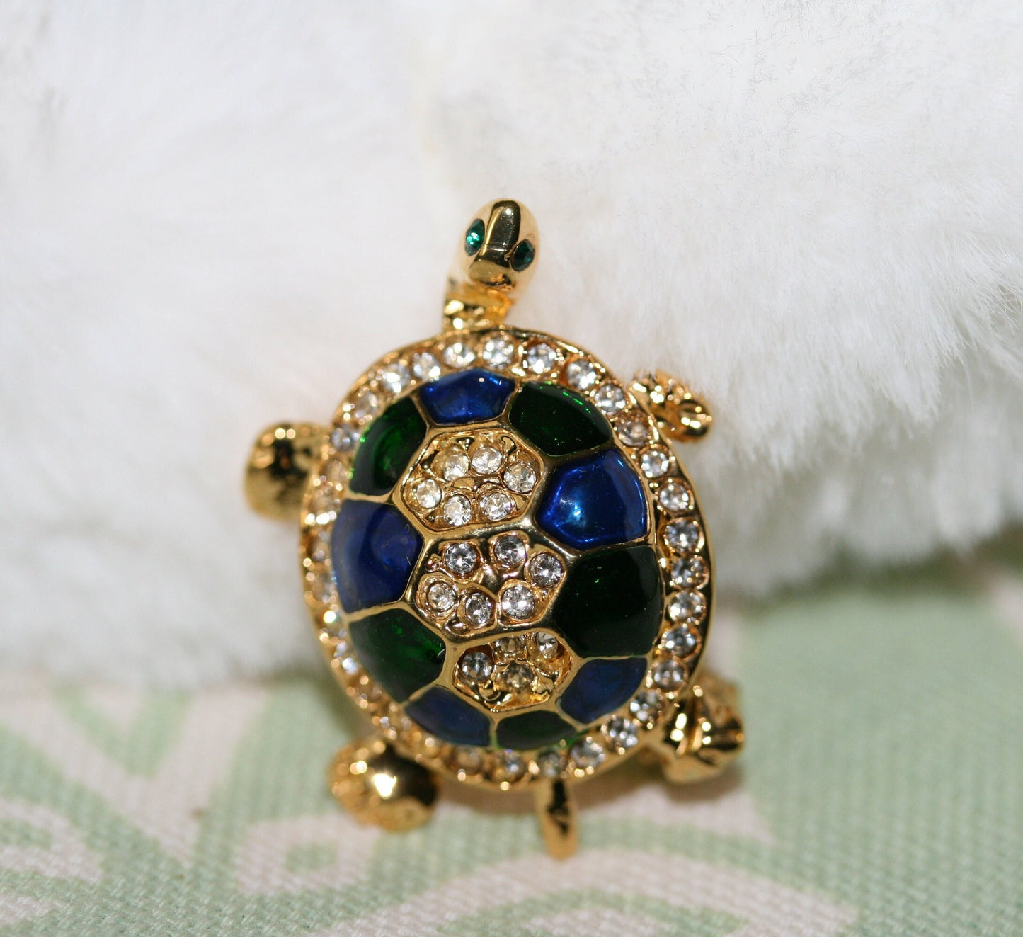 Vintage Turtle Brooch Gold Tone, Blue/Green Enameled Shell with Crystal Clear Rhinestones, Turtle Pin