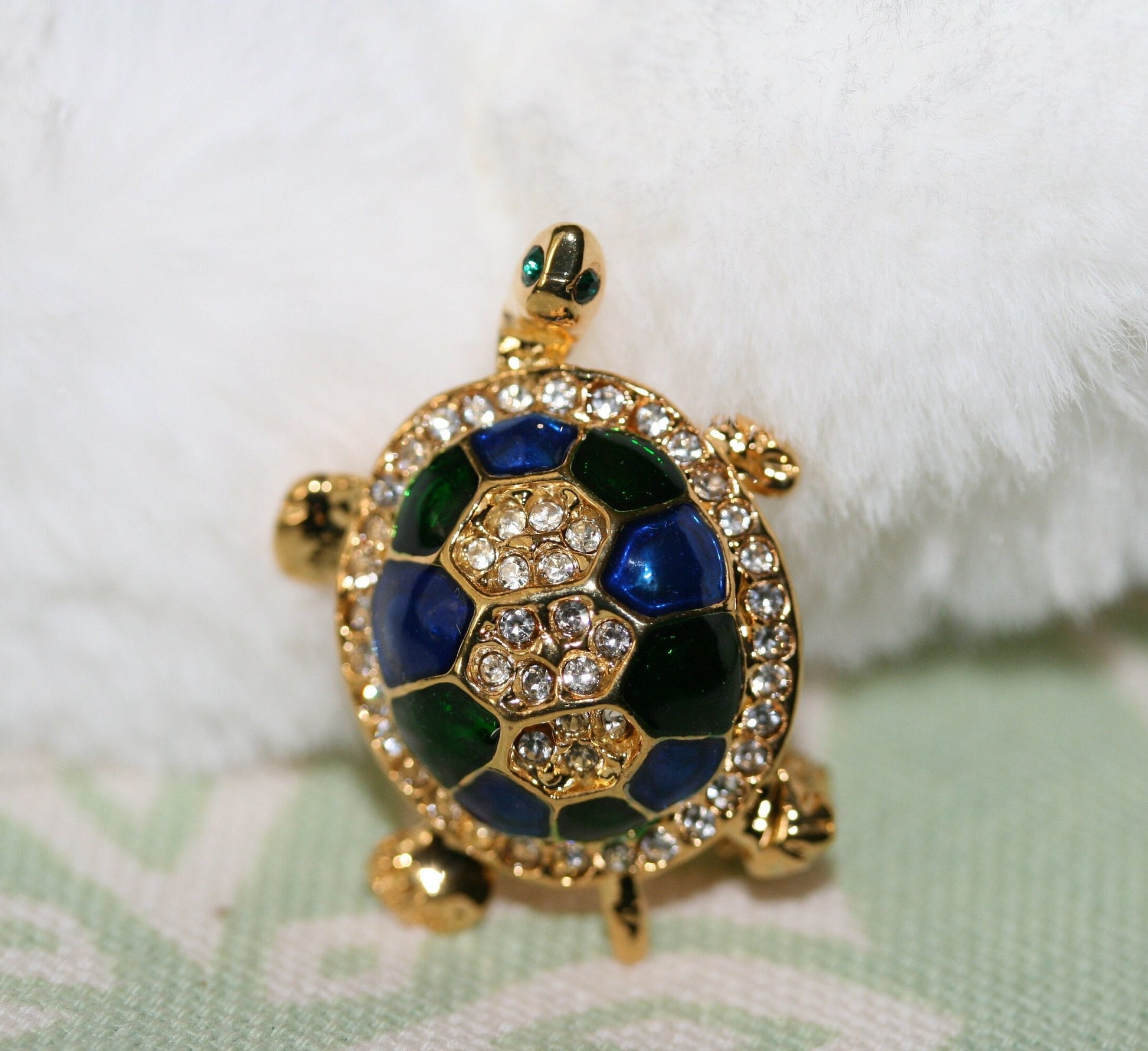 Vintage Turtle Brooch Gold Tone, Blue/Green Enameled Shell with Crystal Clear Rhinestones, Turtle Pin