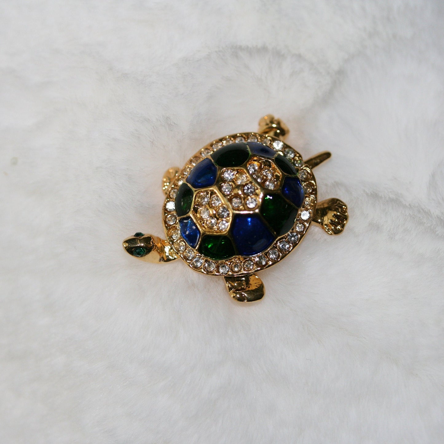 Vintage Turtle Brooch Gold Tone, Blue/Green Enameled Shell with Crystal Clear Rhinestones, Turtle Pin