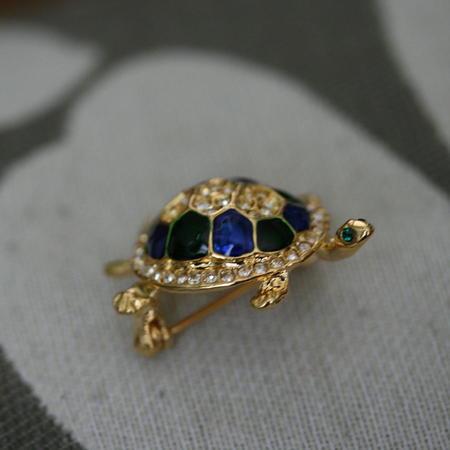 Vintage Turtle Brooch Gold Tone, Blue/Green Enameled Shell with Crystal Clear Rhinestones, Turtle Pin