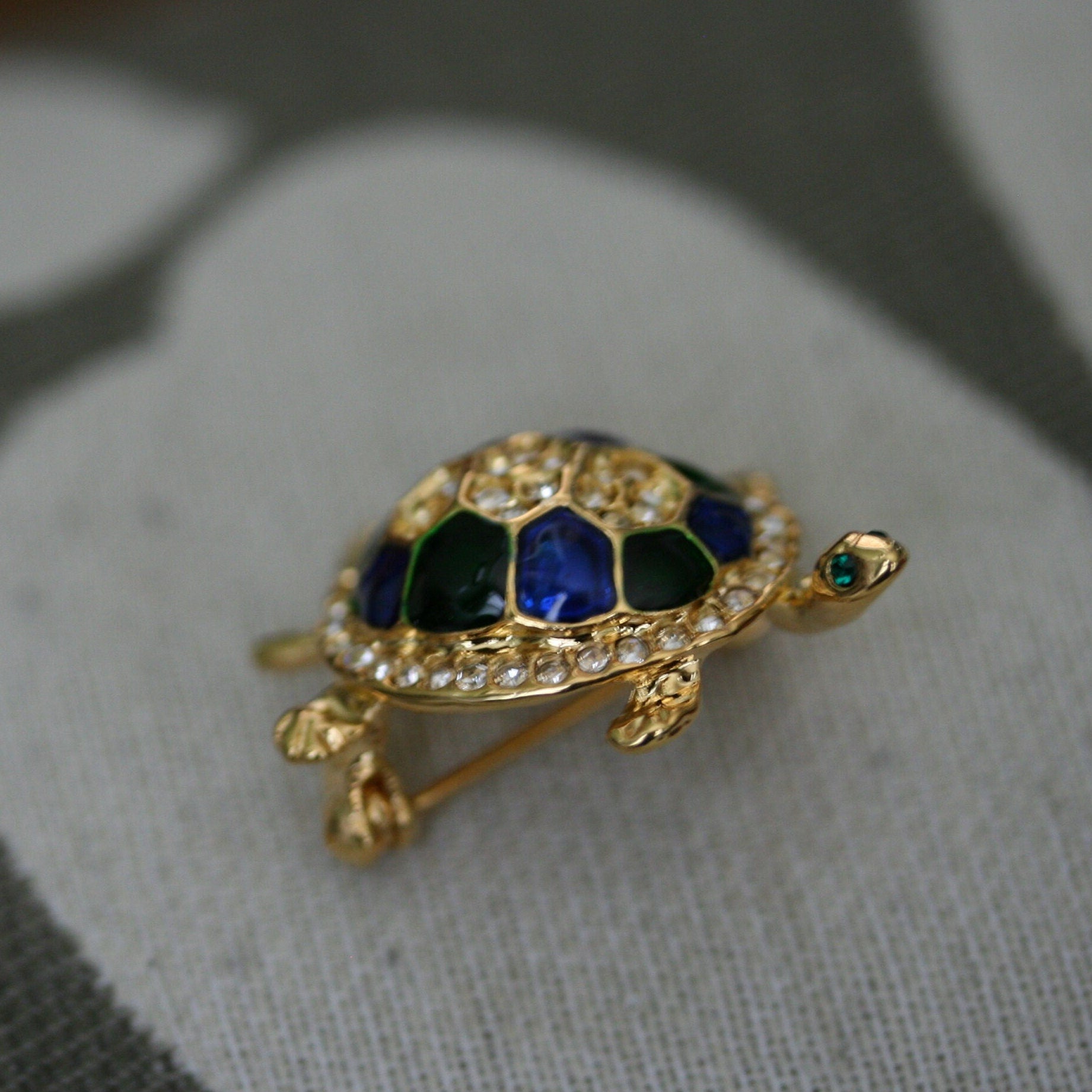 Vintage Turtle Brooch Gold Tone, Blue/Green Enameled Shell with Crystal Clear Rhinestones, Turtle Pin