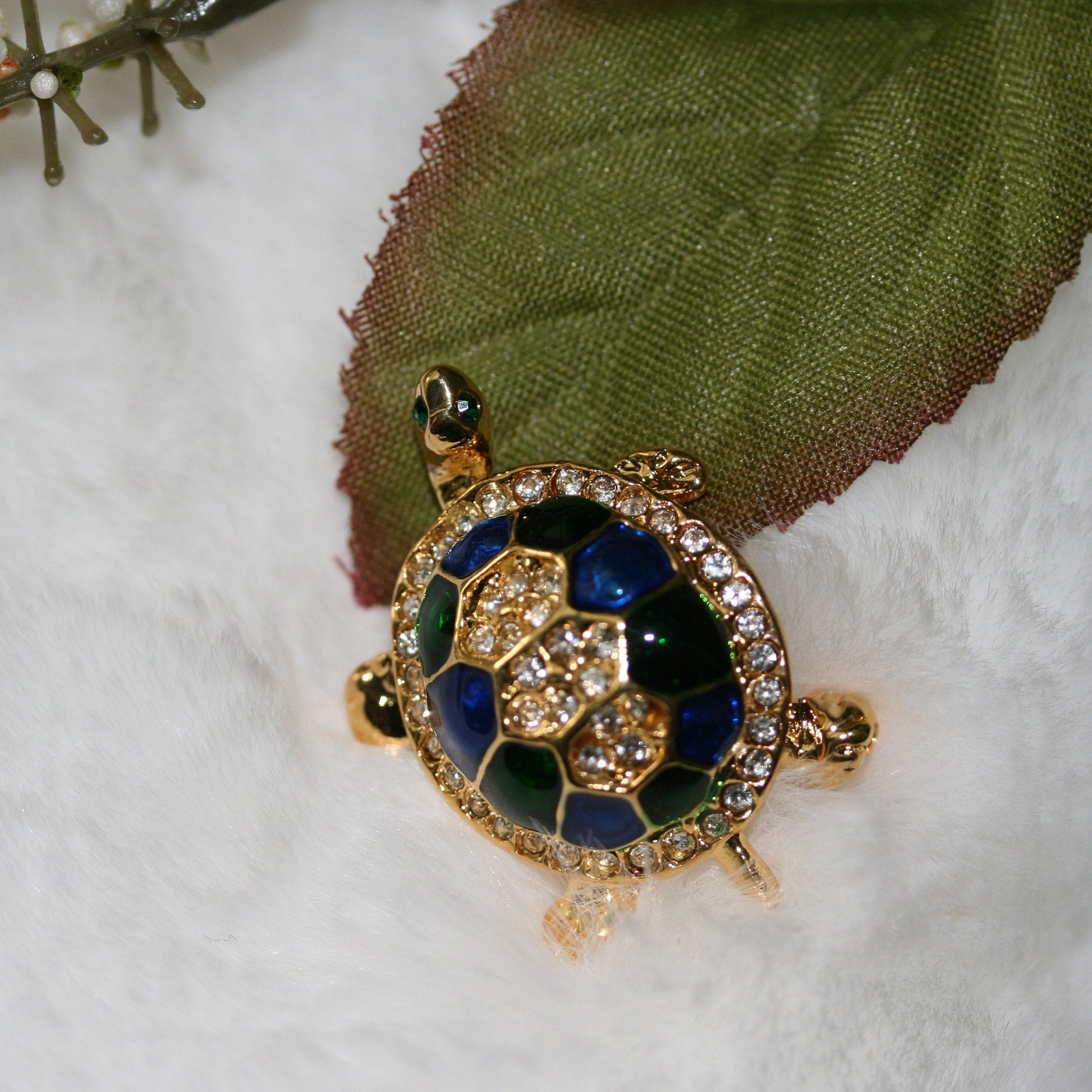 Vintage Turtle Brooch Gold Tone, Blue/Green Enameled Shell with Crystal Clear Rhinestones, Turtle Pin