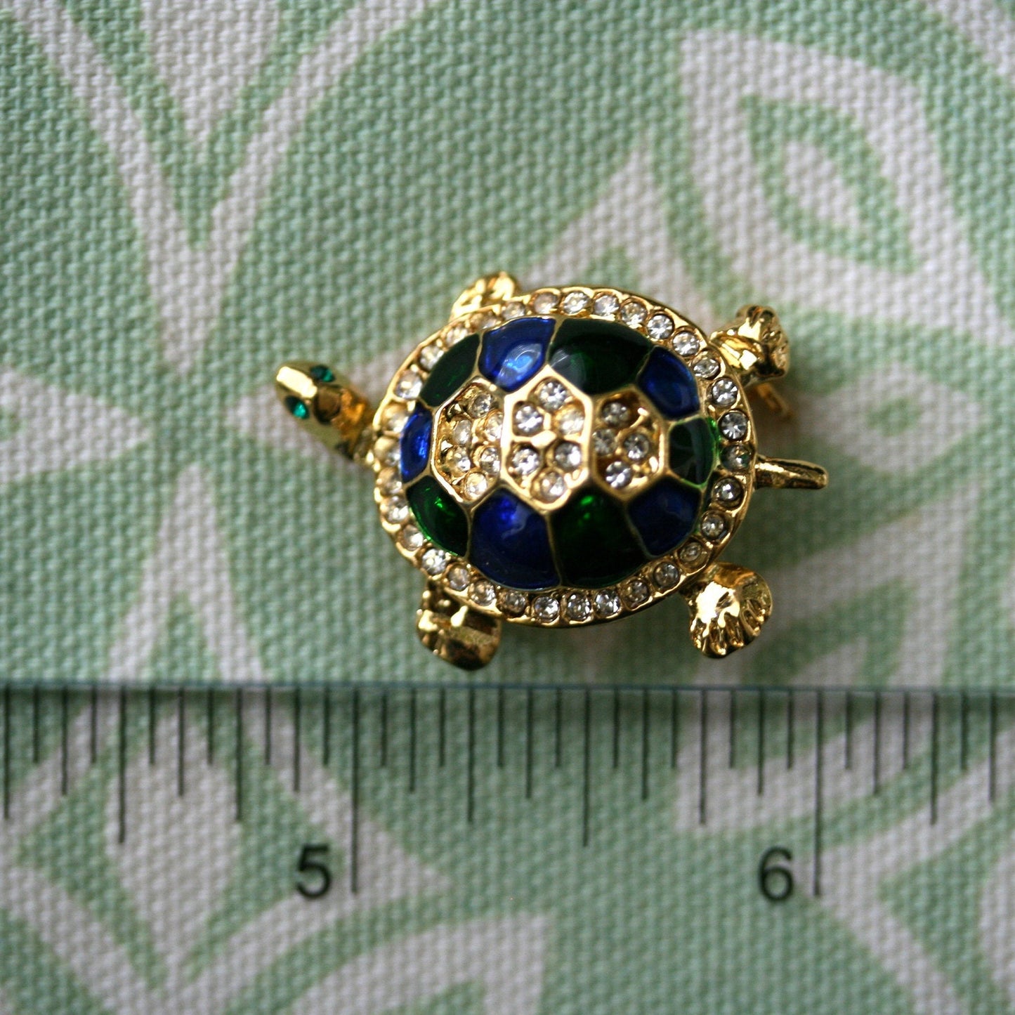 Vintage Turtle Brooch Gold Tone, Blue/Green Enameled Shell with Crystal Clear Rhinestones, Turtle Pin