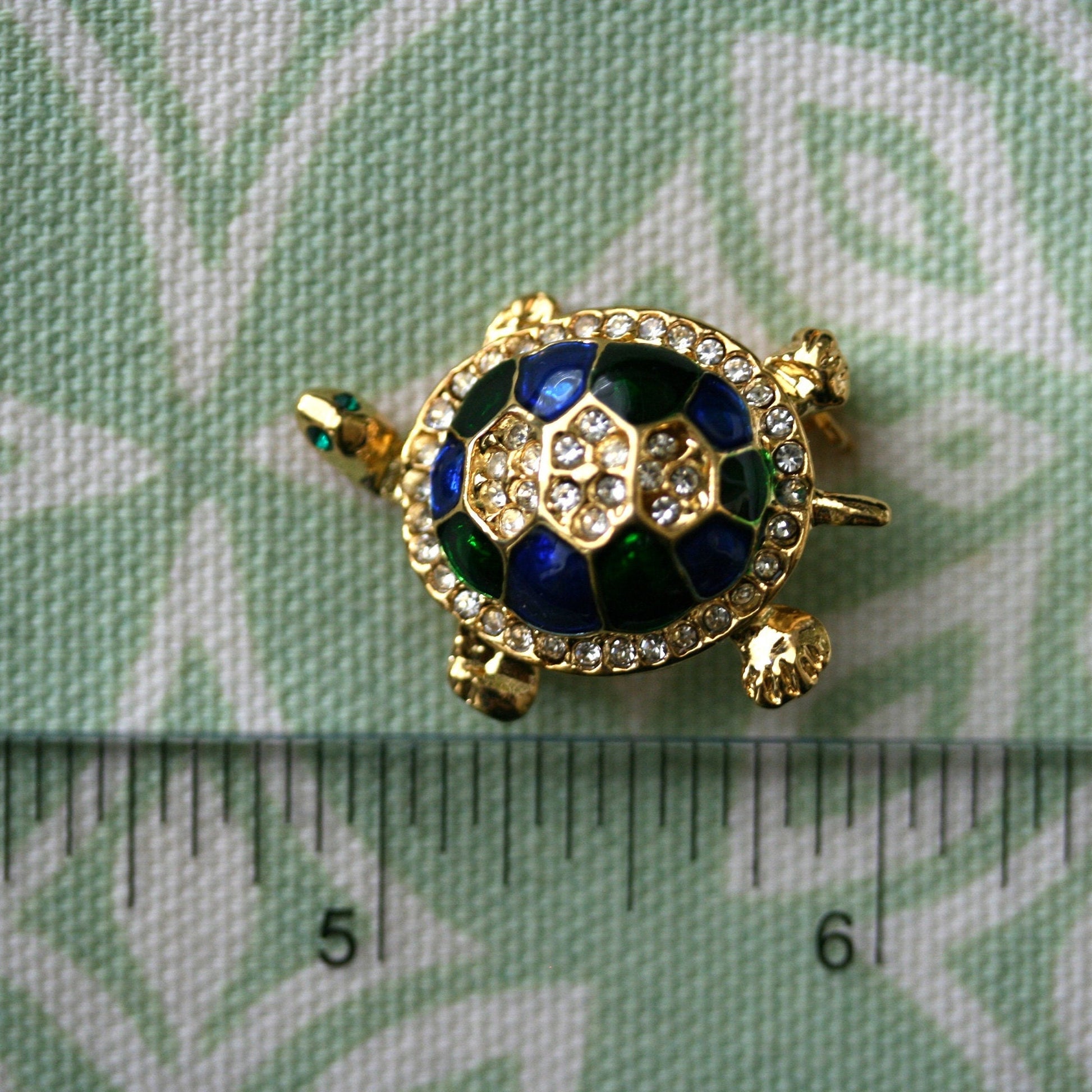 Vintage Turtle Brooch Gold Tone, Blue/Green Enameled Shell with Crystal Clear Rhinestones, Turtle Pin