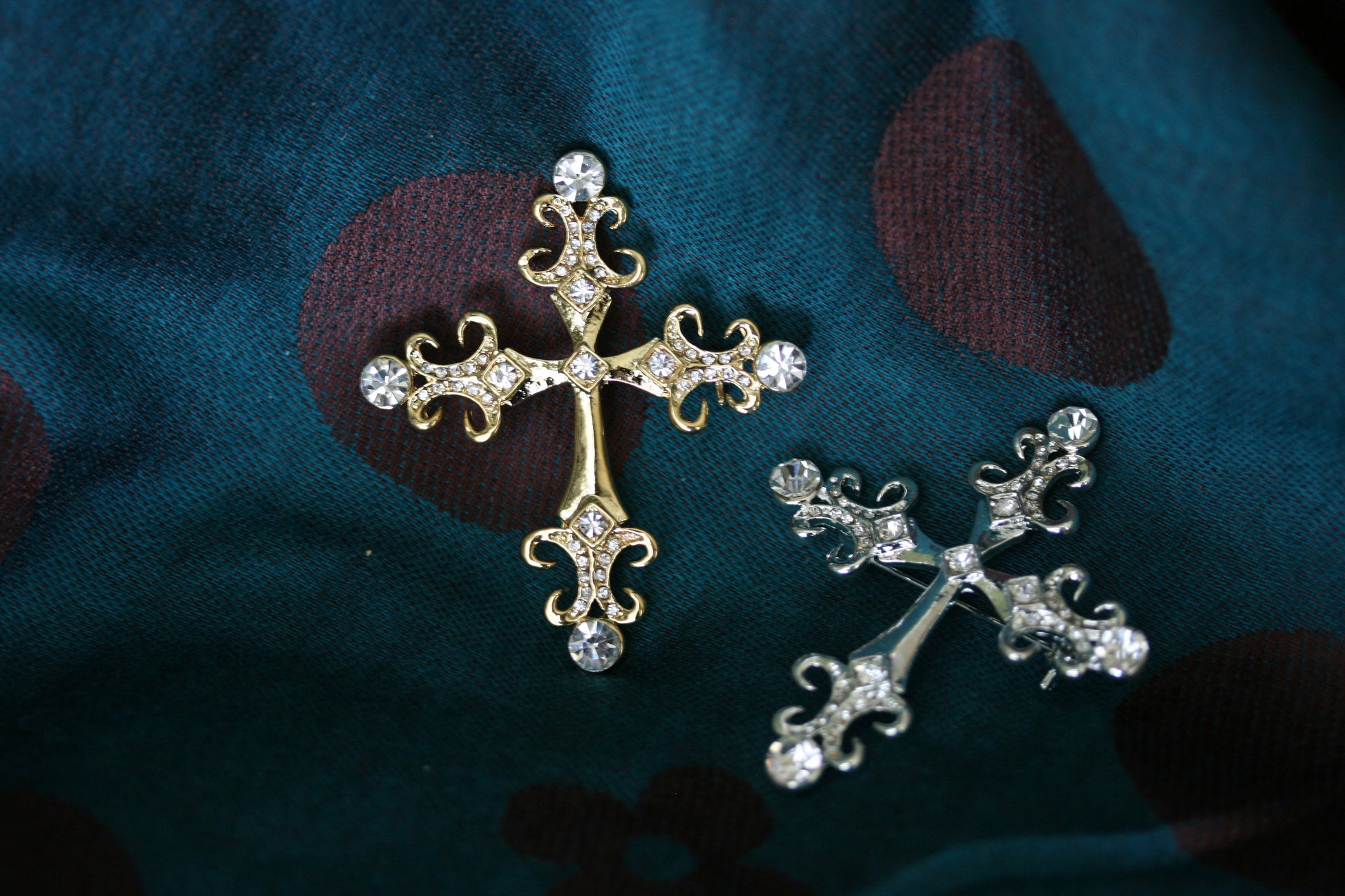Vintage Rhinestone Cross Brooch, Gold Cross Pin, Silver Cross Pin