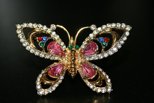 Vintage Multicolor Crystal Rhinestone Butterfly Brooch Pin