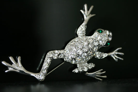 Silver Chunky Rhinestone Frog Brooch Silvery Tone Clear Crystal Colored Rhinestones Frog Toad Brooch Pin