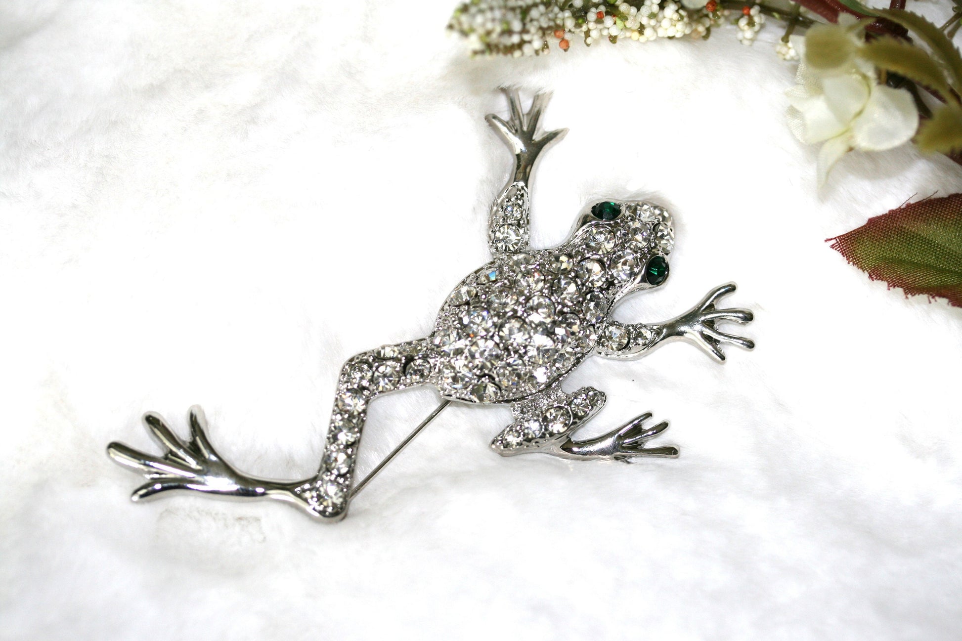 Silver Chunky Rhinestone Frog Brooch Silvery Tone Clear Crystal Colored Rhinestones Frog Toad Brooch Pin