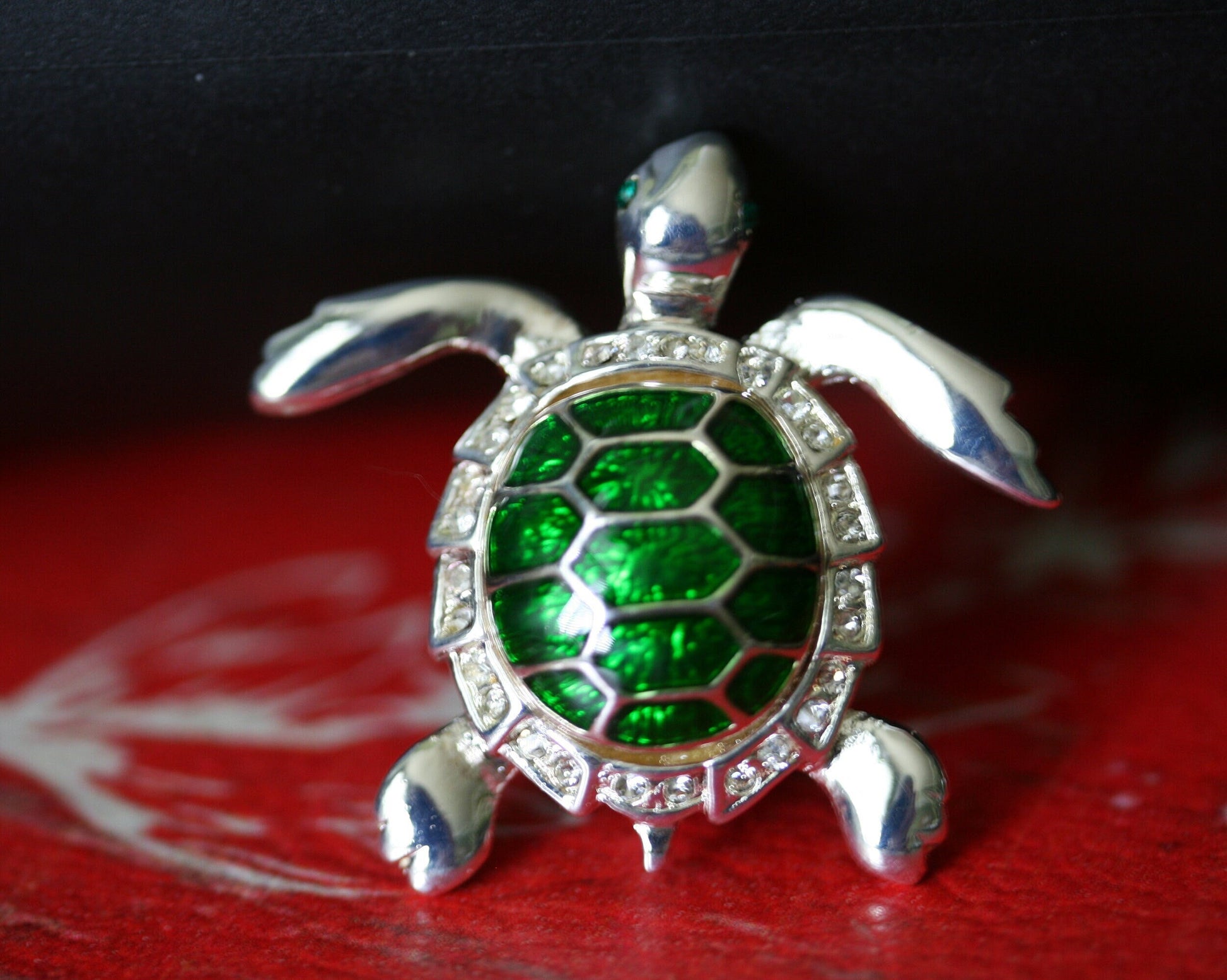 Turtle Pin Brooch, Dark Green Enamel Color Turtle Pin, Rhinestone Elegant Tortoise