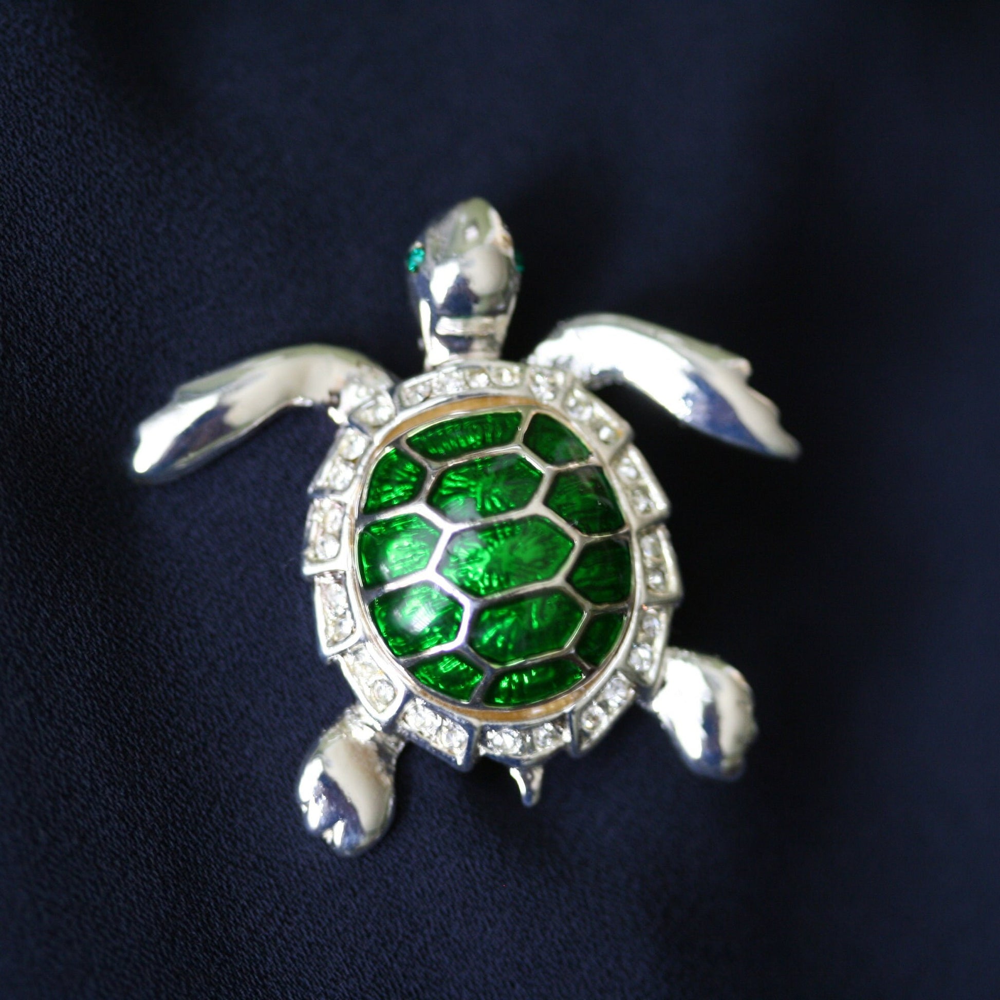 Turtle Pin Brooch, Dark Green Enamel Color Turtle Pin, Rhinestone Elegant Tortoise