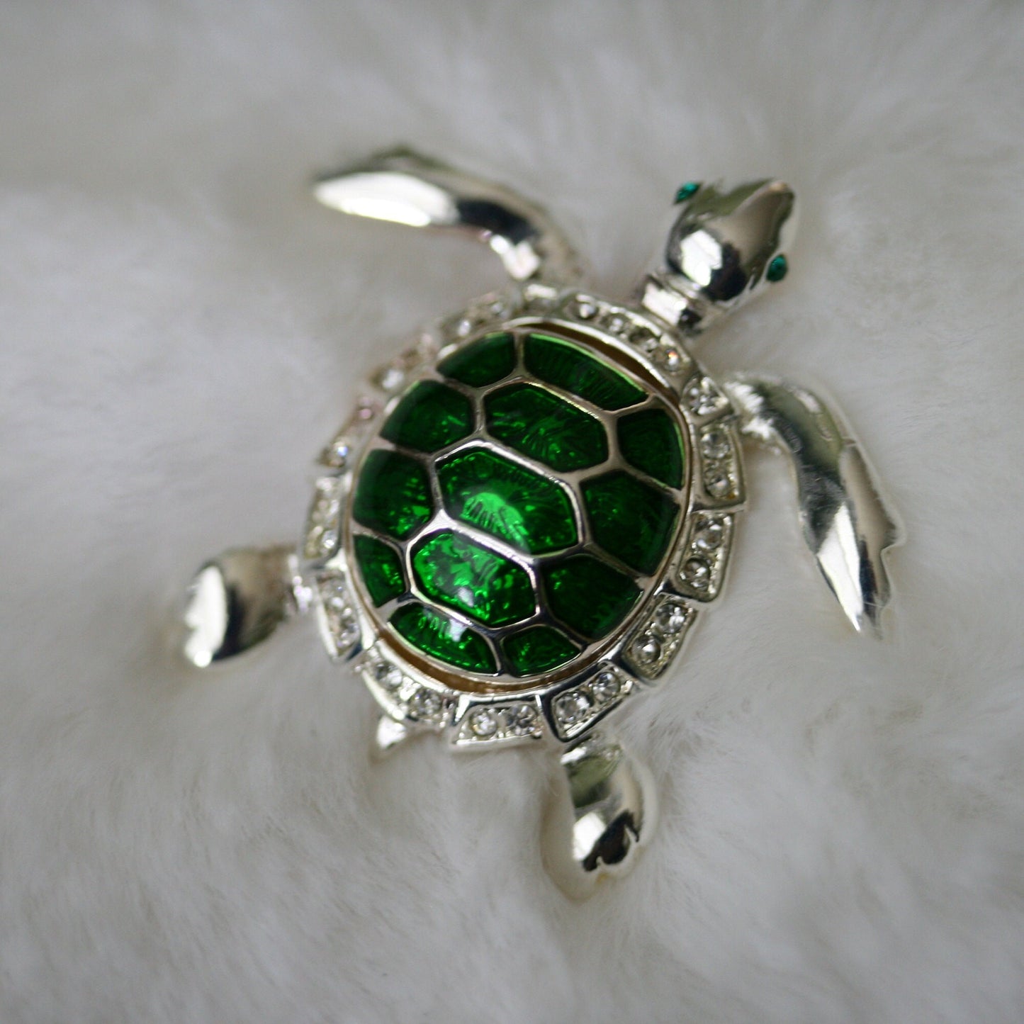 Turtle Pin Brooch, Dark Green Enamel Color Turtle Pin, Rhinestone Elegant Tortoise